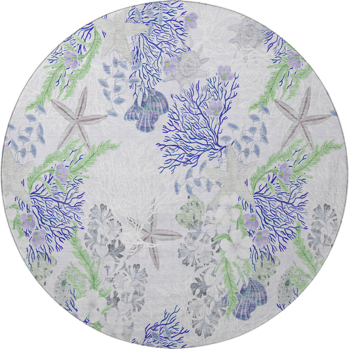 8' Geometric Washable Round Rug With UV Protection (645711) - Blue / Ivory / Lime Green