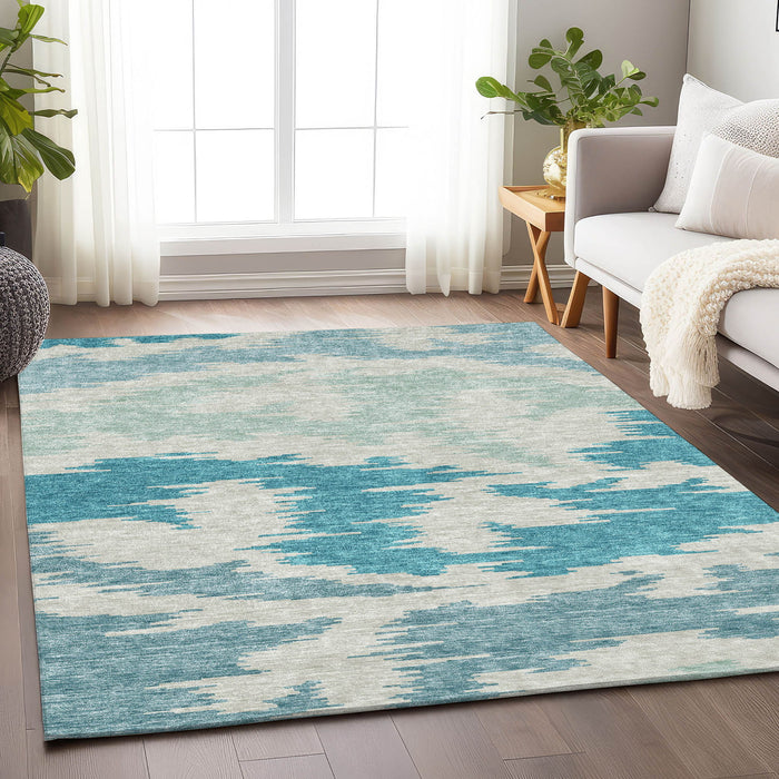 10' X 14' Abstract Washable Area Rug Polyester With UV Protection - Teal / Ivory