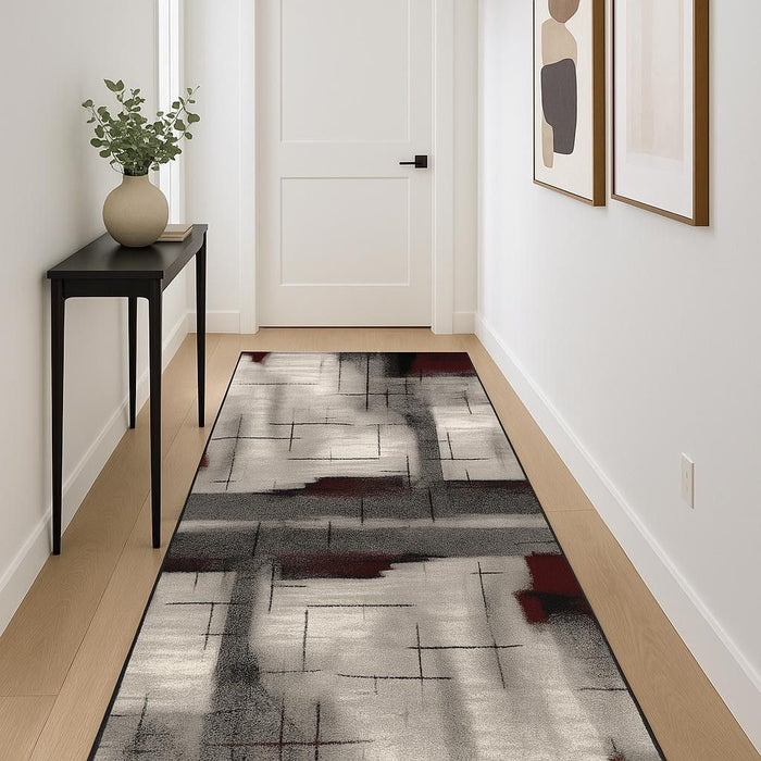 12' Abstract Runner Rug (635238) - Gray / Red
