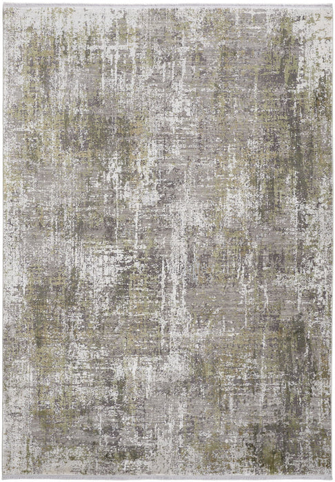 5' x 8' Abstract Area Rug With Fringe - Green Gray And Ivory