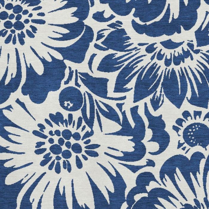 10' X 14' Floral Washable Area Rug With UV Protection (648670) - Navy Blue / Ivory