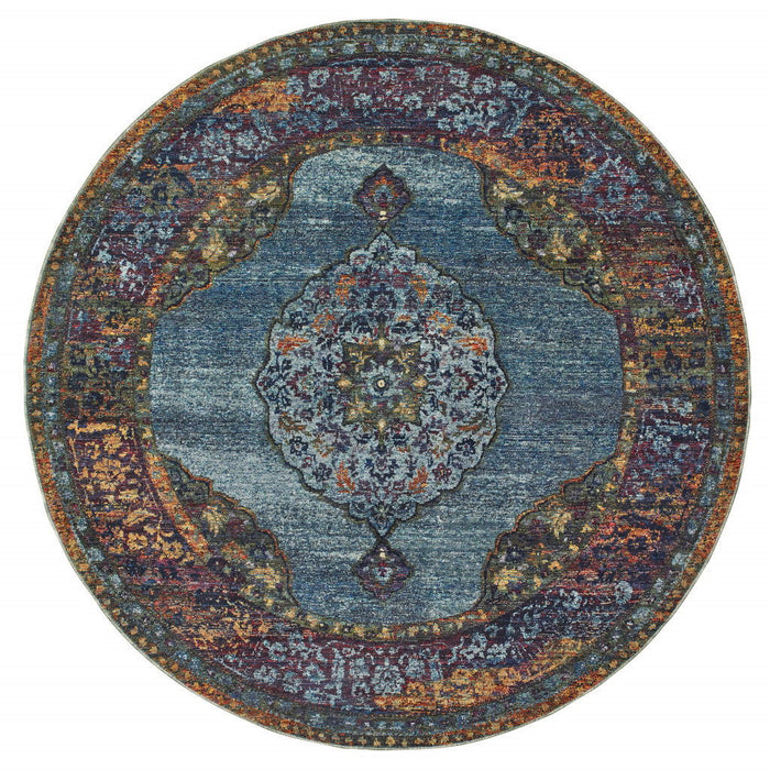 8' Round Oriental Power Loom Area Rug - Blue And Beige