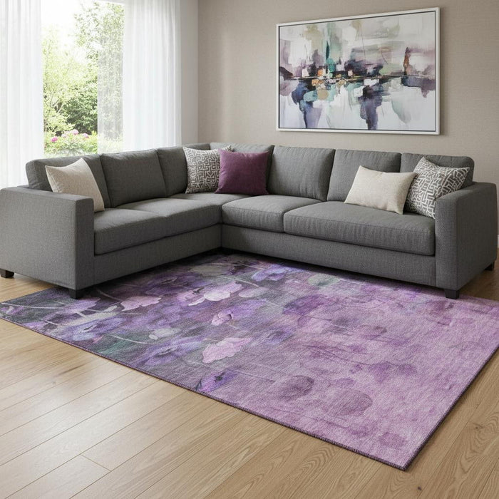 10' X 14' Floral Washable Area Rug With UV Protection (651274) - Purple / Gray / Ivory