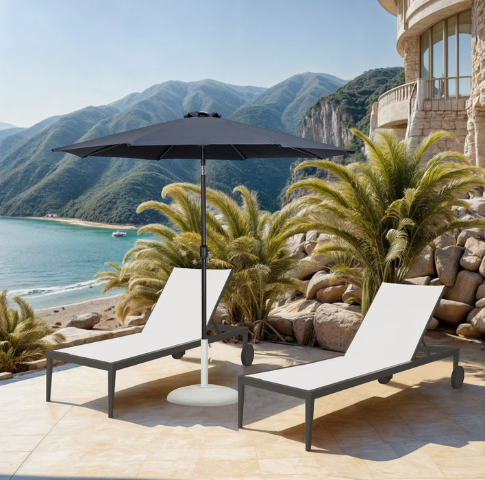 Meridian Furniture Fiji aluminum patio umbrella with round white and black base, outdoor shade for patio or garden.
