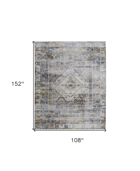 9' x 13' Abstract Power Loom Worn Faded Area Rug - Gray Blue And Red