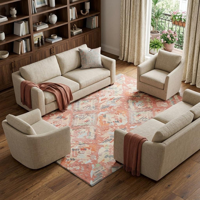 10' X 14' Geometric Washable Area Rug With UV Protection (693012) - Coral / Sky Blue / Mauve