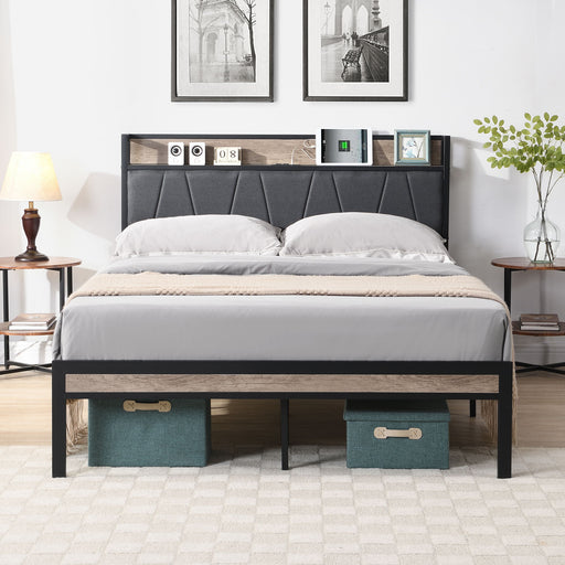 Modern Giga storage bed frame with upholstered headboard, integrated LED lights, and USB charging ports in a sleek bedroom setting.