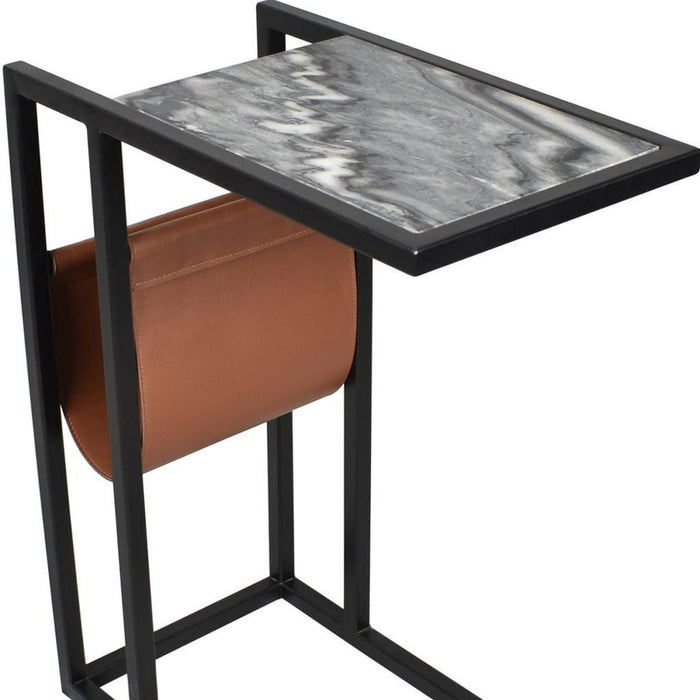 Marble Leather Iron End Table With Magazine Holder - Black / White / Brown