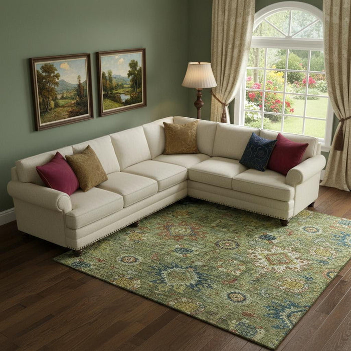 10' X 14' Oriental Washable Area Rug With UV Protection (708325) - Artichoke Green / Rust / Gold