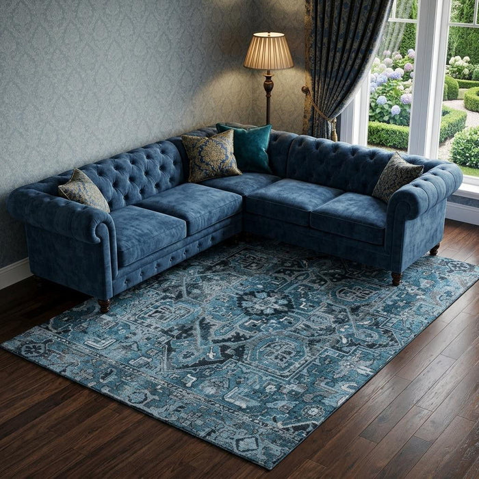 10' X 14' Oriental Washable Area Rug With UV Protection (649702) - Blue / Ivory