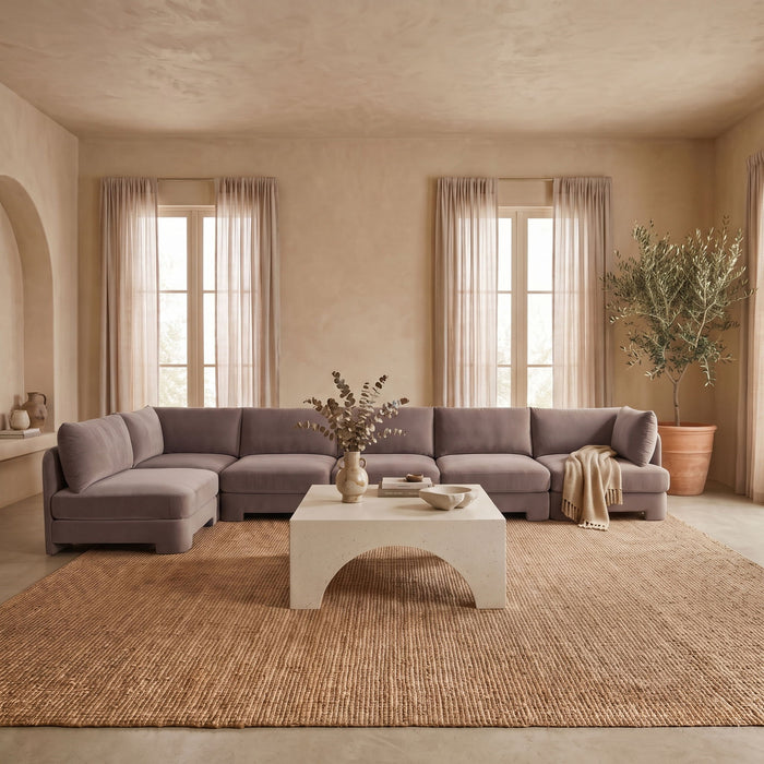 Meridian Furniture Hammond velvet performance fabric 6-piece L-shaped armless sectional sofa, stationary living room furniture.