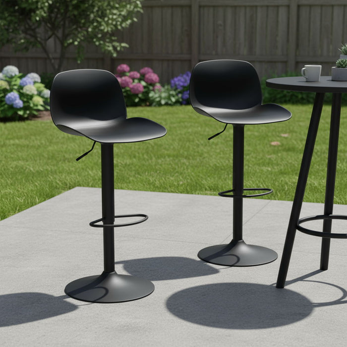 Contemporary Heavy Duty Plastic And Metal Low Back Adjustable Height Swivel Bar Chairs (Set of 2) - Black