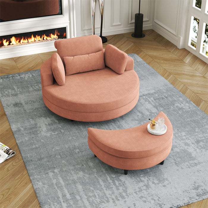 Giga stationary chair and ottoman with two throw pillows, waist pillow, and tray for comfortable small apartment bedroom seating.