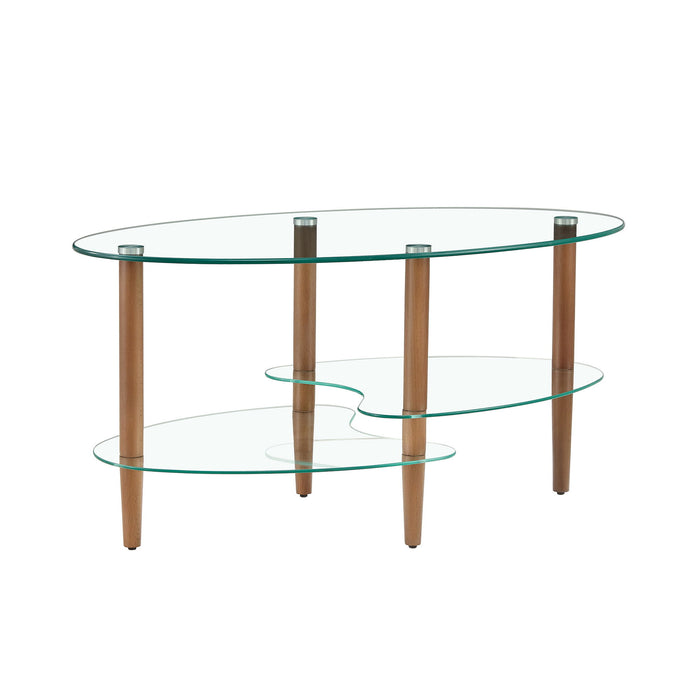 Modern Giga transparent oval glass coffee table with oak wood legs and three-layer design in a contemporary living room setting.