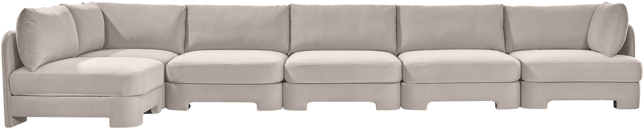 Meridian Furniture Hammond velvet performance fabric 6-piece L-shaped armless sectional with plush cushions and a modern design.