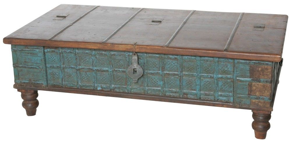 Traditional Storage Trunk Coffee Table - Brown and Teal