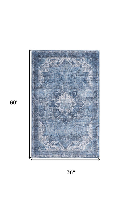 3' X 5' Floral Distressed Area Rug (573787) - Blue / Ivory
