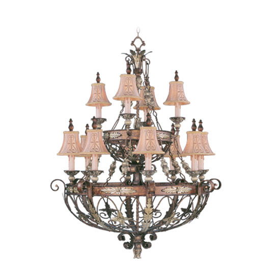 Twelve Light Metal Dimmable Chandelier With Shades - Bronze / Cream