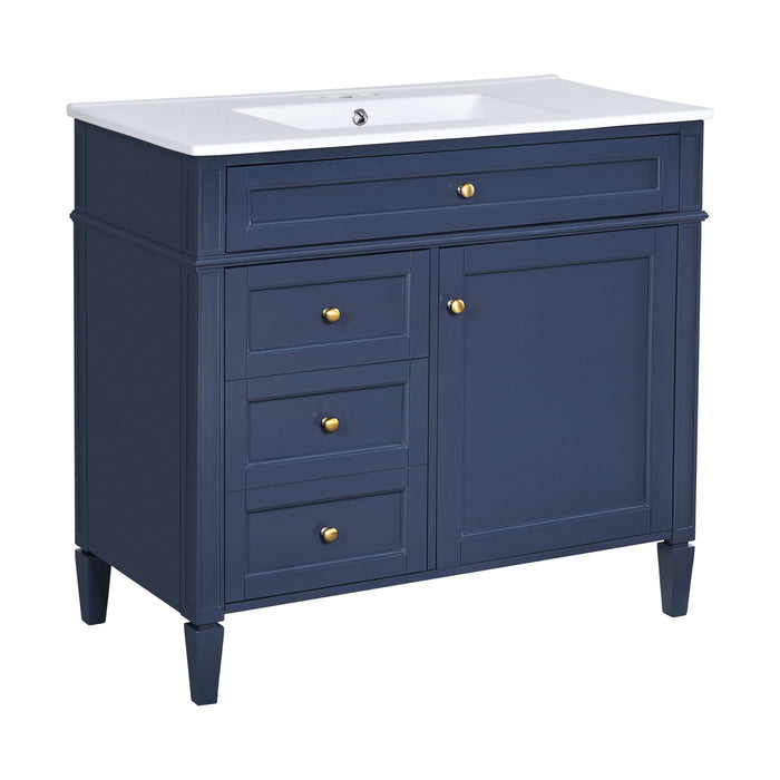 Modern Giga blue bathroom vanity with top sink, two drawers, a tip-out drawer, and sleek storage cabinet for bathroom organization.