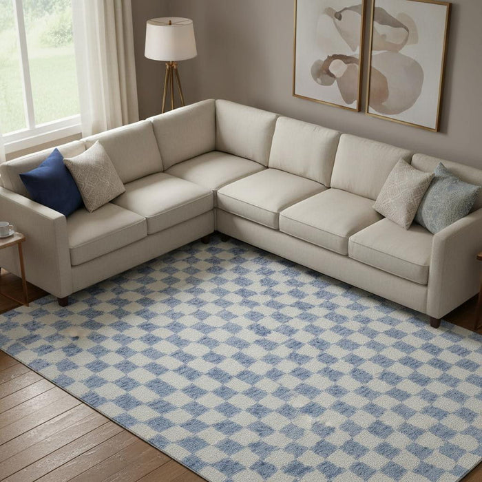 10' X 14' Geometric Washable Area Rug With UV Protection (709420) - Sky Blue / Ivory