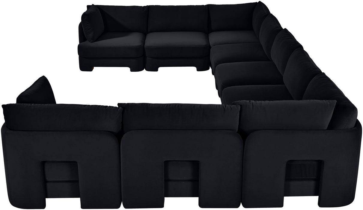 Meridian Furniture Hammond velvet performance fabric 9-piece sectional with upholstered stationary design and modern seating arrangement.