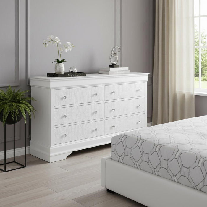 Solid Wood Six Drawer Double Dresser - Metallic White