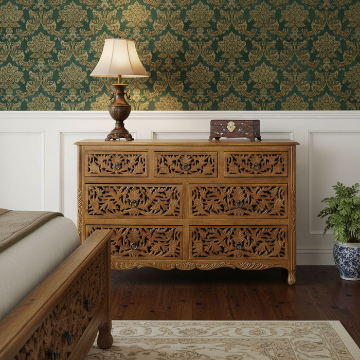 Carved Floral Solid Wood Seven Drawer Dresser - Brown