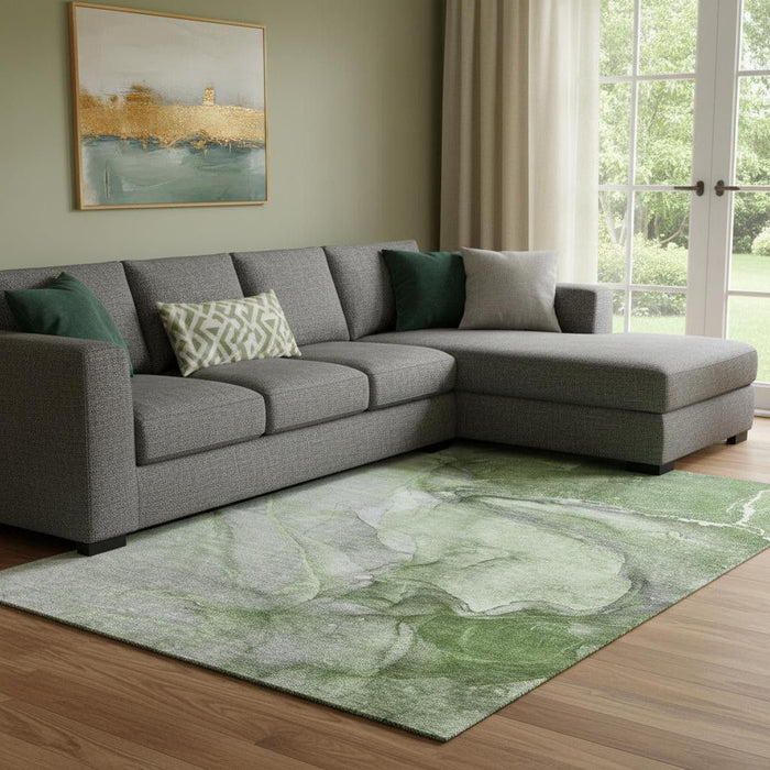 10' X 14' Abstract Washable Area Rug With UV Protection (647422) - Olive Green / Ivory