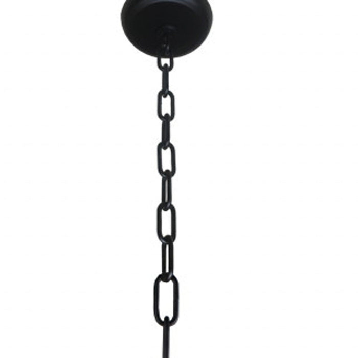 HomeRoots five-light metal chandelier with beveled glass shades and amber accents, elegant lighting fixture for modern interiors.