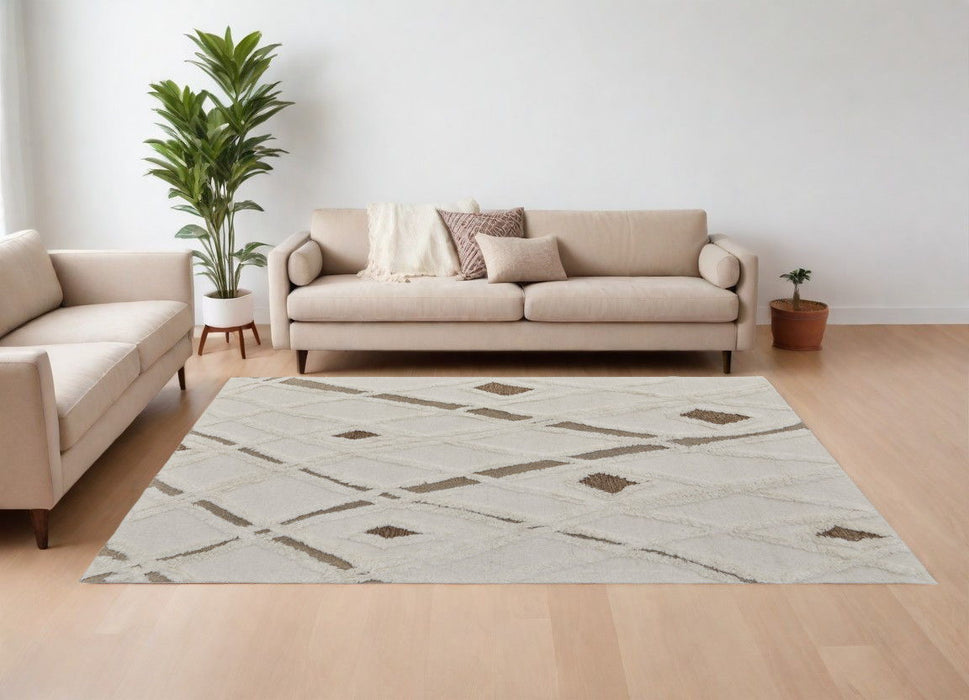 8' x 10' Wool Geometric Hand Tufted Area Rug - Ivory Taupe And Brown