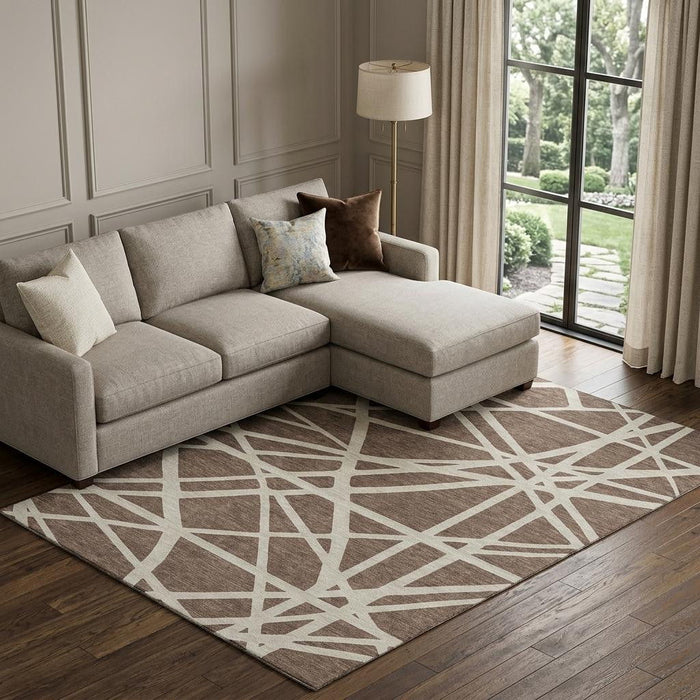 10' X 14' Geometric Washable Area Rug With UV Protection (681581) - Brown / Ivory