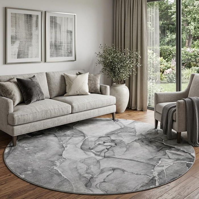 8' Abstract Washable Round Rug With UV Protection (647275) - Pewter / Ivory