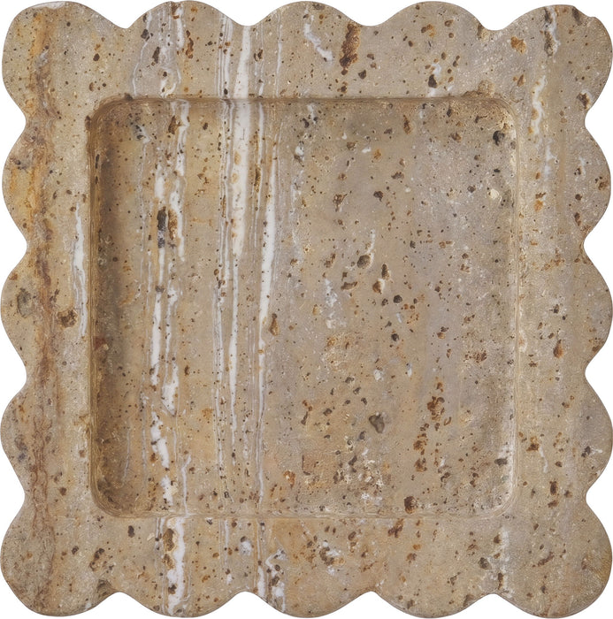 Meridian Furniture Natalie travertine tray with handles, rectangular serving tray for home decor or entertaining purposes.