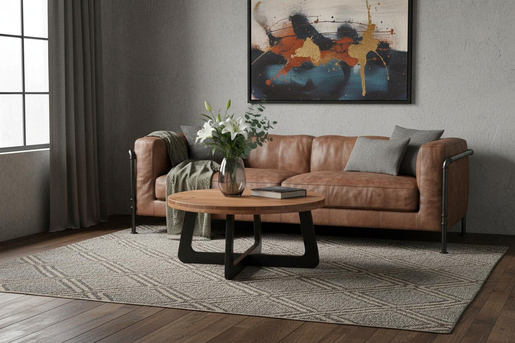 39" Solid Wood And Iron Round Cross Legs Coffee Table - Brown And Black