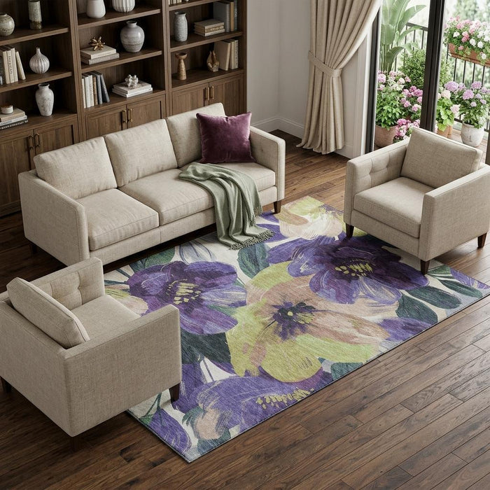 10' X 14' Floral Washable Area Rug With UV Protection (694002) - Purple / Green / Ivory