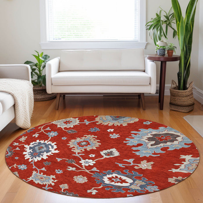8' Floral Medallion Washable Round Rug With UV Protection - Red