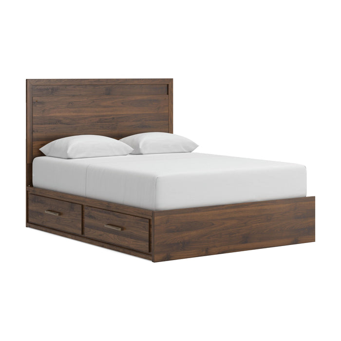 Janfyn Panel Storage Bed by Signature Design by Ashley, showcasing a modern wooden bed with built-in storage drawers and a sleek headboard.