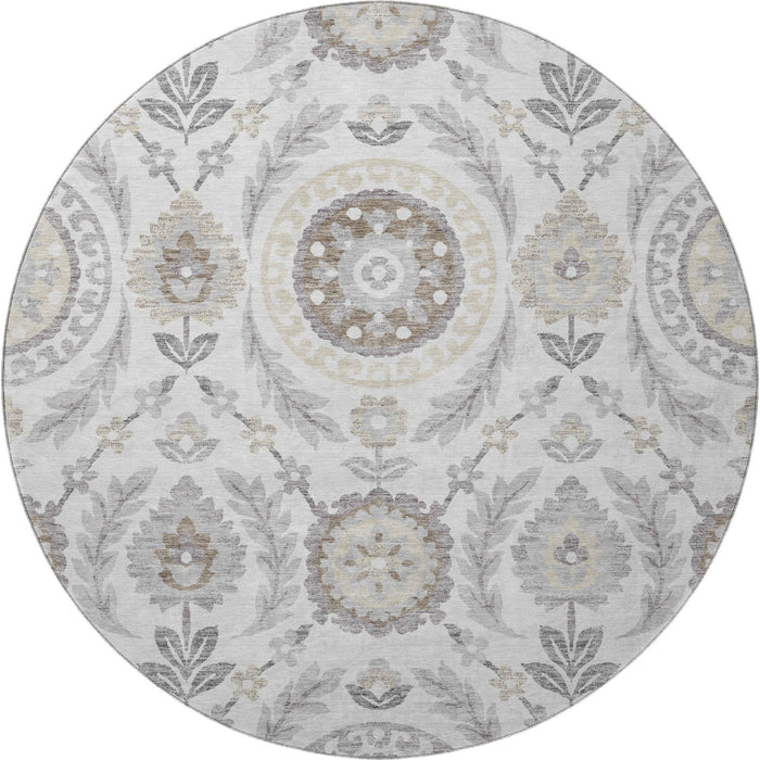 8' Floral Washable Round Rug With UV Protection - Silver And Beige