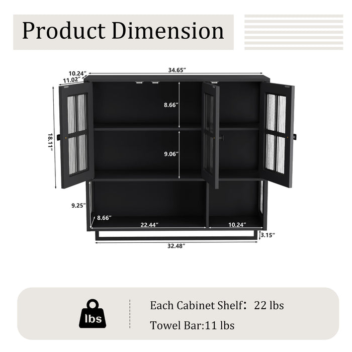 Giga 3-door wall display cabinet with glass doors and towel bar, perfect for kitchen or bathroom storage.