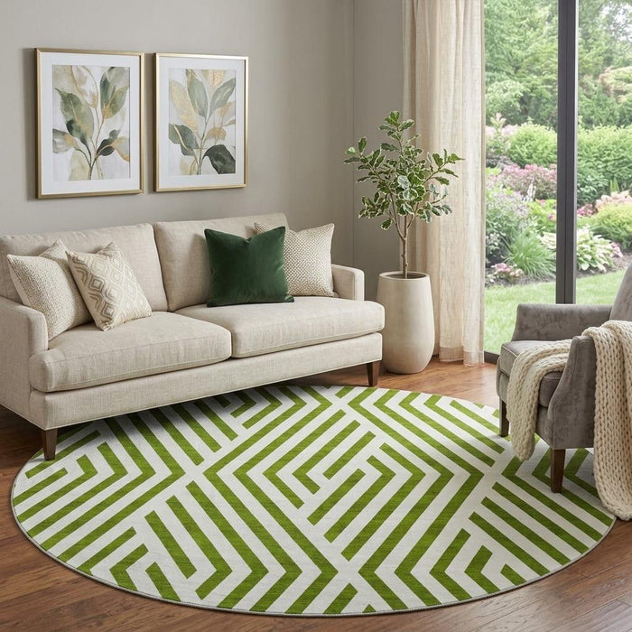 8' Geometric Washable Round Rug With UV Protection (648571) - Olive Green / Ivory