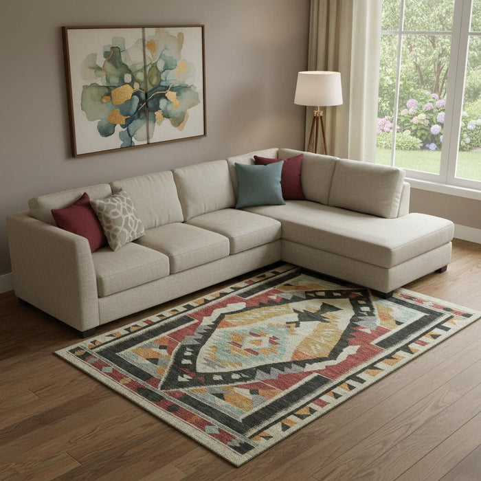 10' X 14' Tribal Washable Area Rug With UV Protection (708007) - Red / Charcoal / Gold