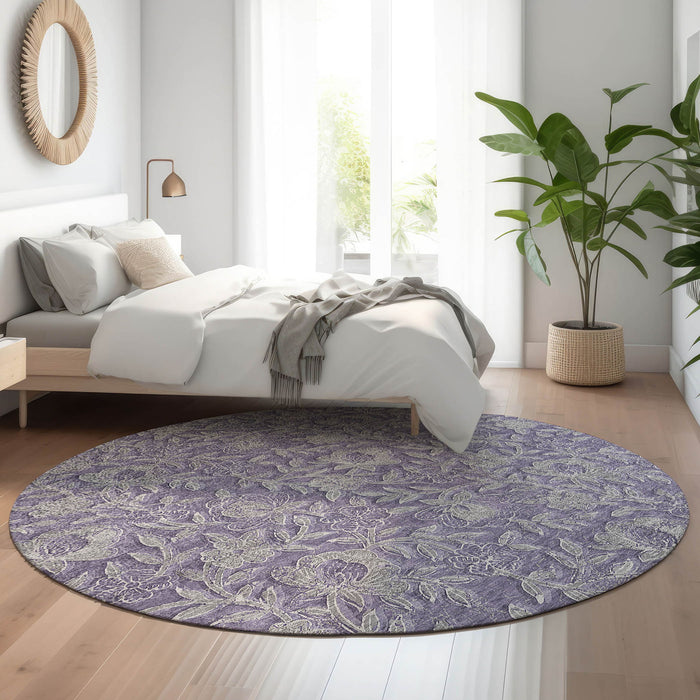 8' Floral Washable Round Rug With UV Protection - Eggplant And Gray