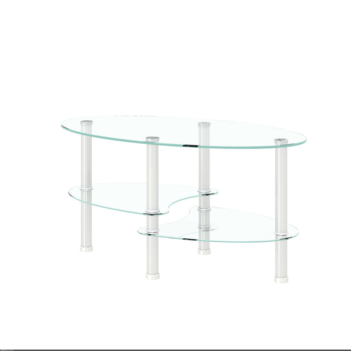 Modern Giga transparent oval glass coffee table with oak wood legs and three-layer design, ideal for living room decor.