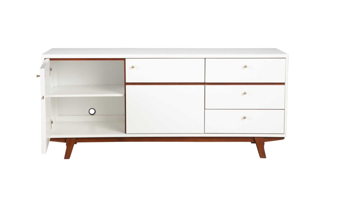 White Mahogany solids and veneer TV stand with enclosed storage and open shelving, designed by HomeRoots.