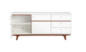 White Mahogany solids and veneer TV stand with enclosed storage and open shelving, designed by HomeRoots.