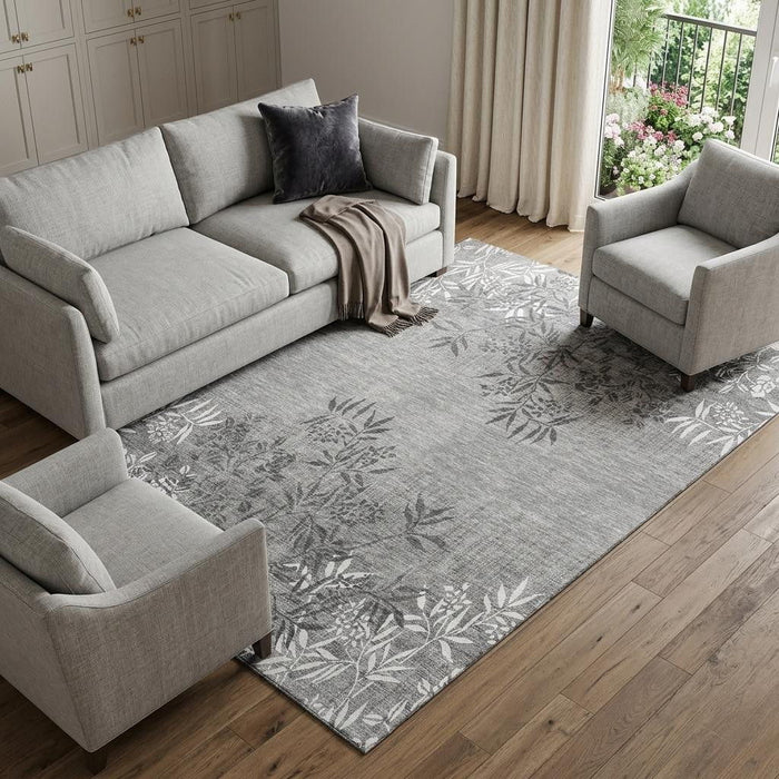 9' X 12' Floral Washable Area Rug With UV Protection (655667) - Pewter / Ivory