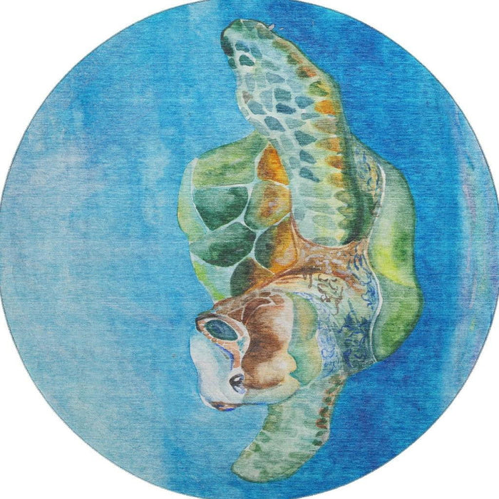 8' Nautical Washable Round Rug With UV Protection - Pacific Blue