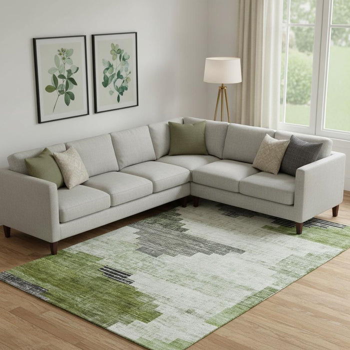 10' X 14' Geometric Washable Area Rug With UV Protection (704933) - Fern Green / Gray