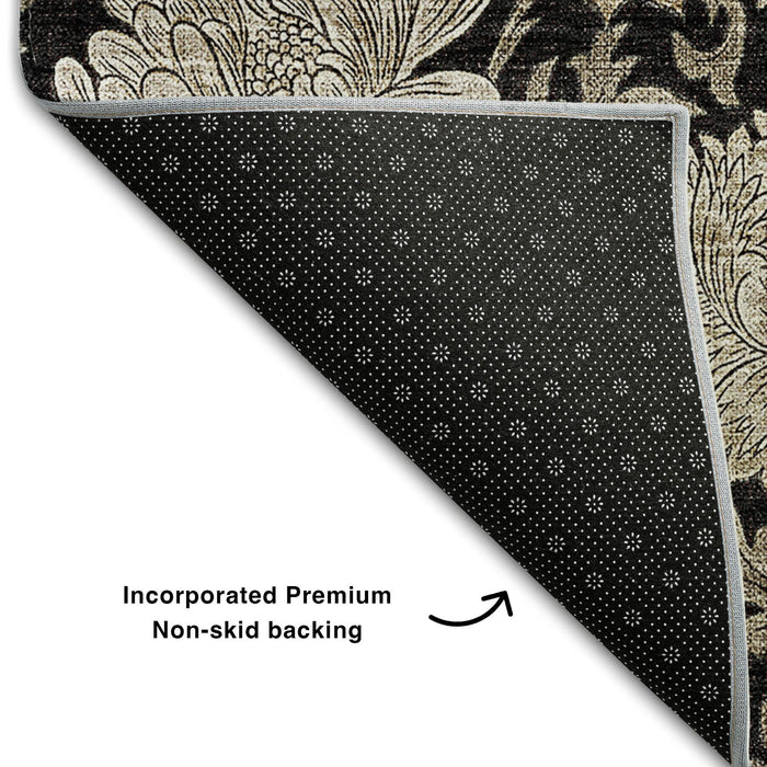 9' X 12' Floral Washable Area Rug With UV Protection (655775) - Black / Beige