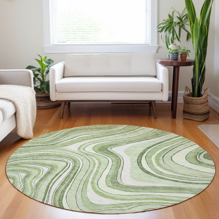 8' Marble Washable Round Rug With UV Protection - Artichoke Green And Ivory